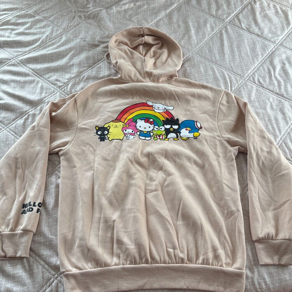 Hello Kitty And Friends Sanrio Tan Hoodie Pullover Sweatshirt Rainbow Size Large